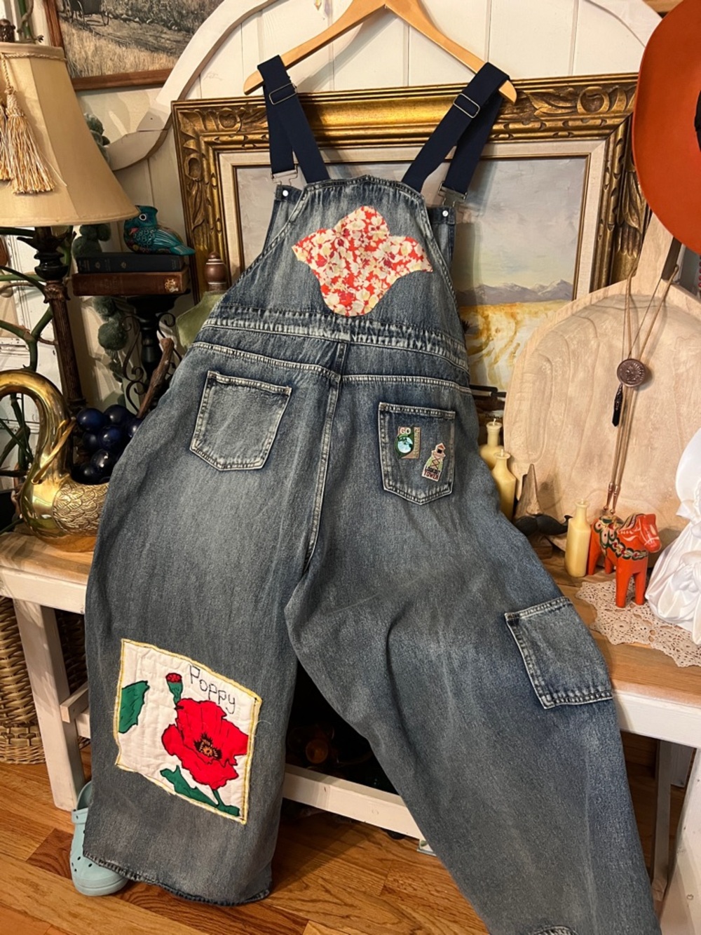 OOAK Vintage Gardening Eclectic Grandpa Upcycle Overalls Quilted Poppy - Picture 10 of 12